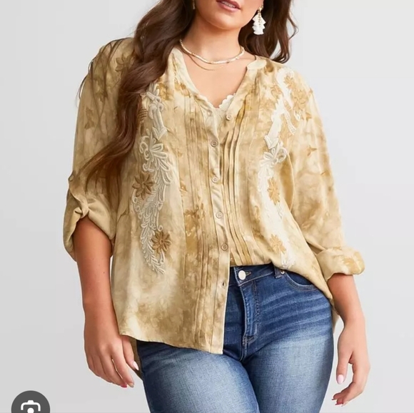 NWT Miss Me boho western top bronze tie-dye floral embroidery, rayon,Mixed sz M. - Picture 1 of 16